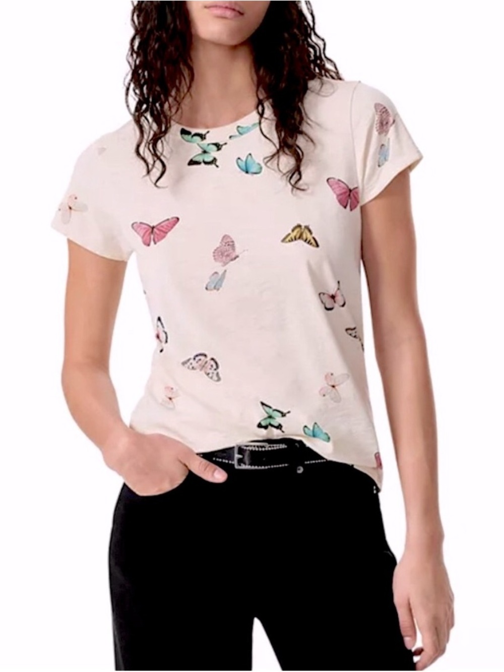 Rag & Bone Ozzy Butterfly Tee Ivory Multi Slub Cotton T-Shirt Size S